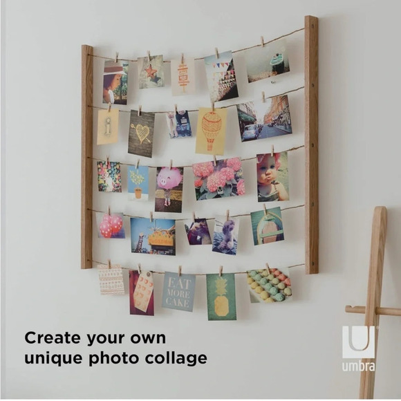 Hanging photo collage with two wood wall mounts, and rope with clothespins - Picture 6 of 12